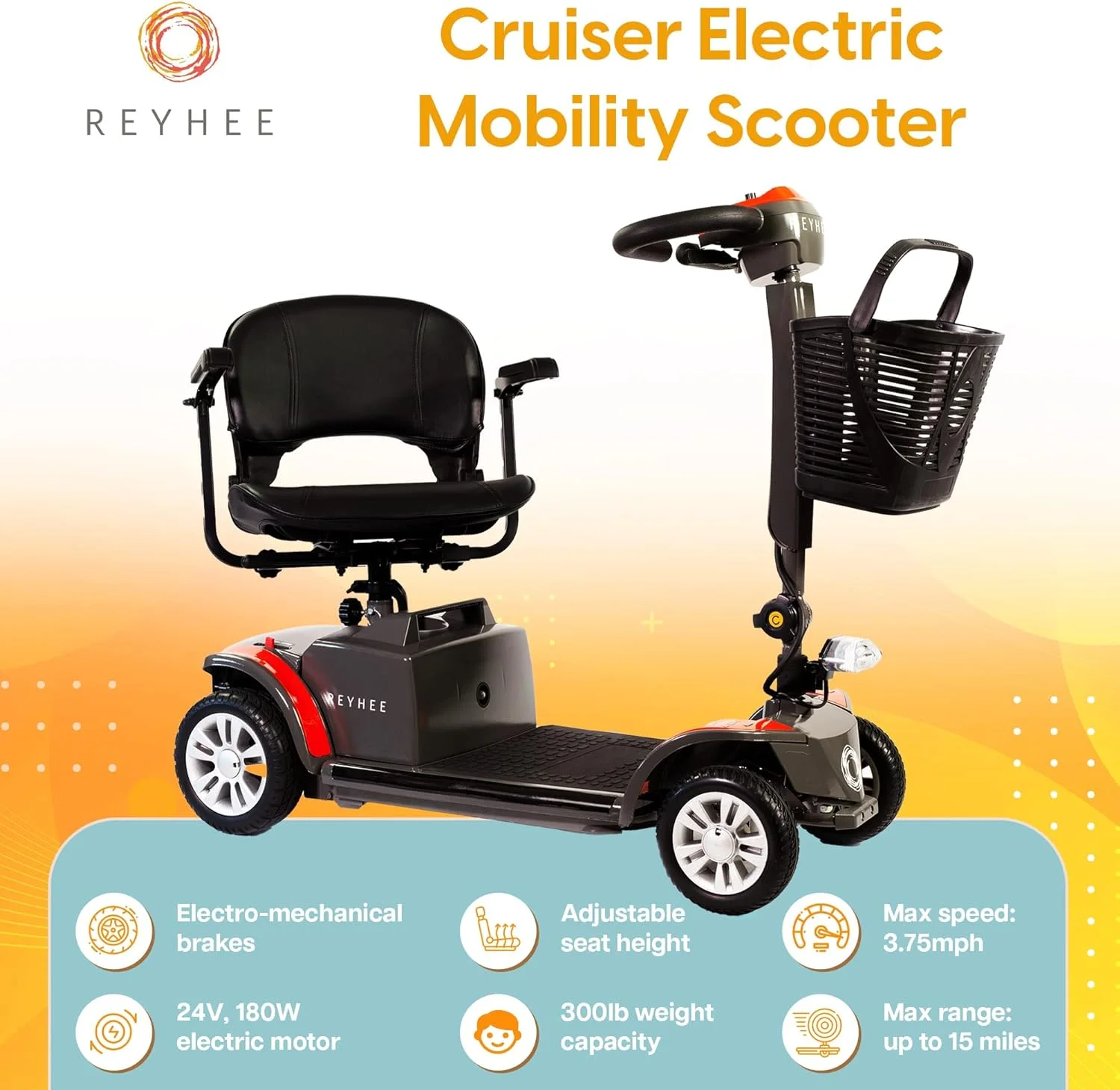 Reyhee Cruiser Powered Mobility Scooters - 24V, 180W 4 Wheel Mobility Scooters for Adults & Seniors