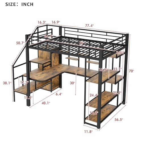 Modern Full Size Metal Loft Bed with Storage Staircase and Small Wardrobe, Multi-functional Metal Loft Bed Frame with Built-in Desk and Storage Shelves (White/L7)
