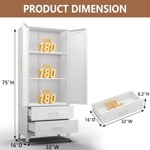 Metal Storage Cabinet with Doors and Shelves, 71 Inch Tall Kitchen Pantry Cabinet, Pantry Cabinets for Kitchen Storage, Freestanding Cupboard for Living, Dining Room, White, Assembly Required
