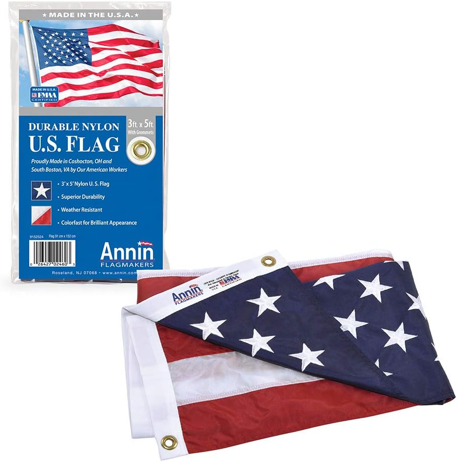 Annin & Co Model 2460 American Flag Nylon SolarGuard NYL-Glo, 3x5 ft, 100% Made in USA with Sewn Stripes, Embroidered Stars and Brass Grommets
