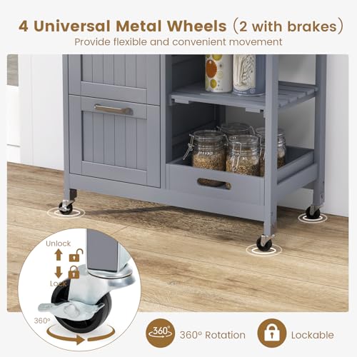 Kitchen Island, Rolling Storage Cart with Drawers & Removable Tray, Wood Storage Cart on Wheels with Countertop & 3 Tier Shelves, Modern Island Table for Kitchen, Dining Room