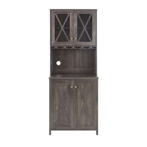 Sideboards Buffets Coffee Bar Cabinet Kitchen Pantry Cupboard Storage Serving Cabinet with Microwave Stand, Home Source Bar Cabinet and Hollow out Barn Design Wood Cabinet, Grey