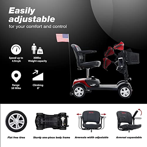 Electric Mobility Scooter for Seniors and Adults - Outdoor Electric Powered Wheelchair Device 300 LBS Max Weight- Compact Heavy Duty Mobile Scooter for Travel, Adults w/Cup & Phone Holder- Red