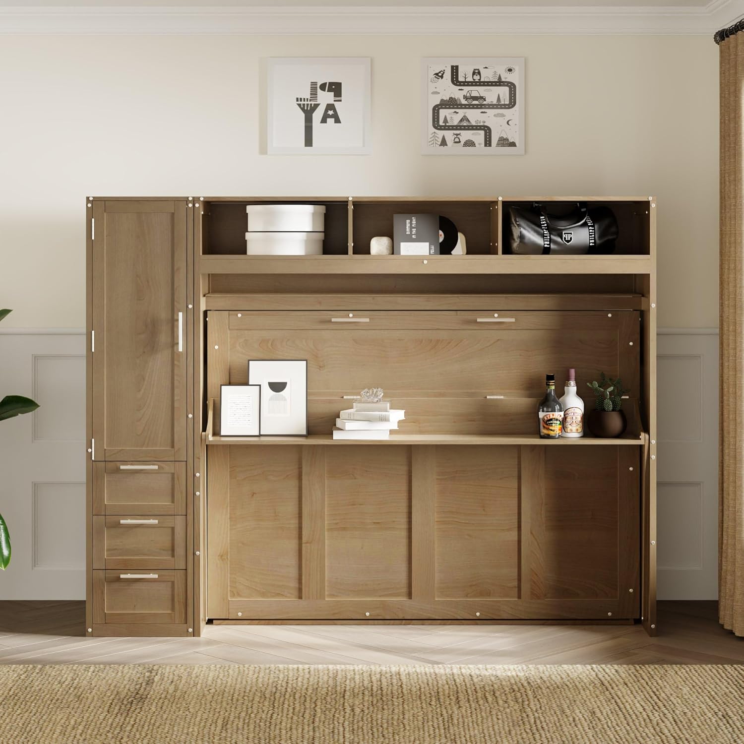 Merax Full Size Murphy Bed Frame Wallbed with Wardrobe,3 Drawers and Open Shelves,Space-Saving Design