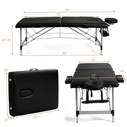 Giantex 84" Massage Table Professional Portable Lash Bed, 2 Folding Lightweight Massage Bed, Aluminum Frame, Height Adjustable, Face Cradle & Side Armrests, Salon Spa Tattoo Bed with Carry Case