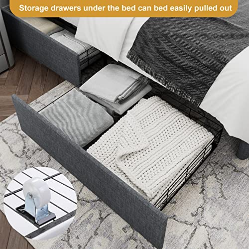 Queen Bed Frame with 4 Storage Drawers and Adjustable Headboard, Upholstered Platform Bed with Button Tufted Design, Strong Wooden Slats Support, No Box Spring Needed, Black
