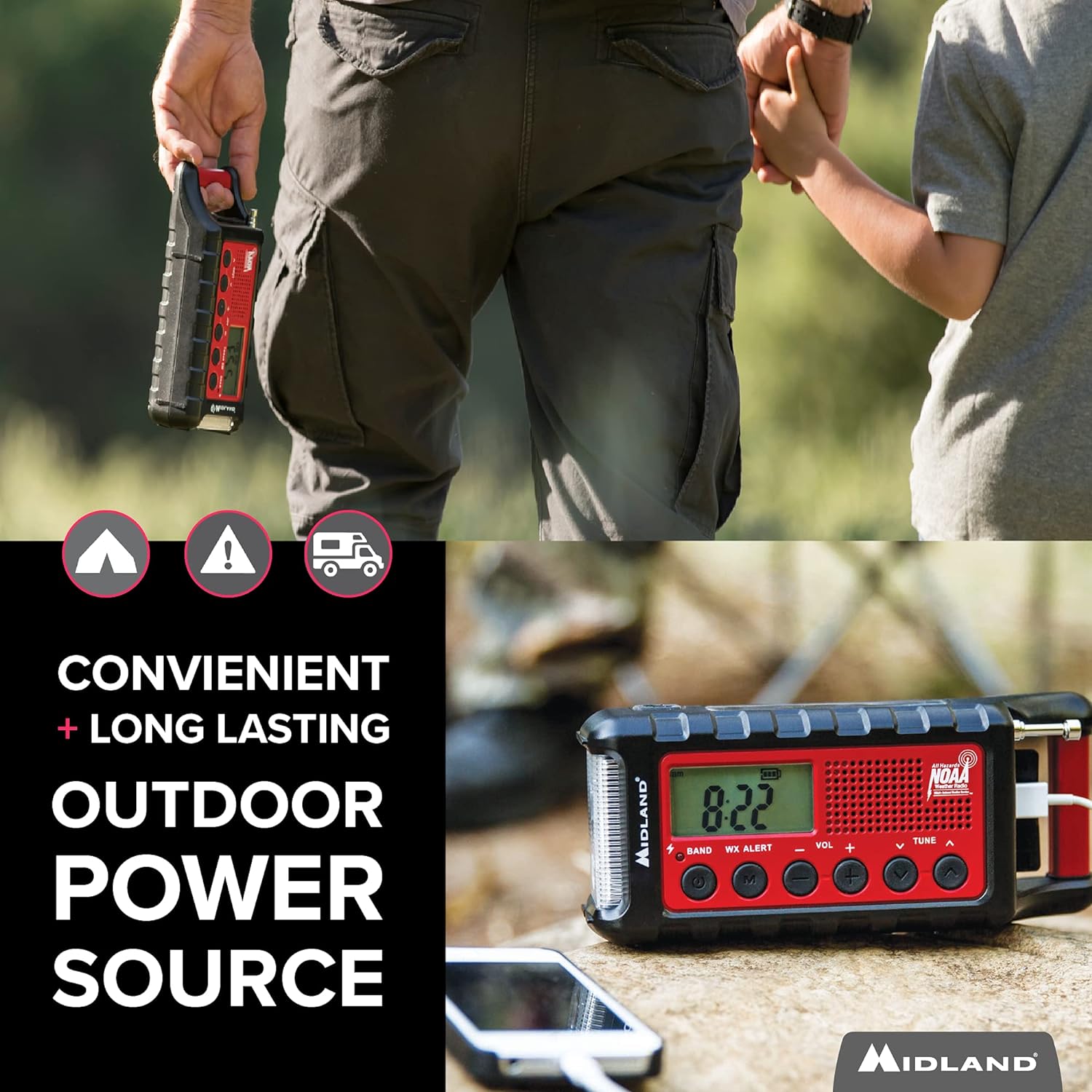 Midland - ER310, Emergency Crank Weather AM/FM Radio - Multiple Power Sources, SOS Emergency Flashlight, Ultrasonic Dog Whistle, & NOAA Weather Scan + Alert (Red/Black)