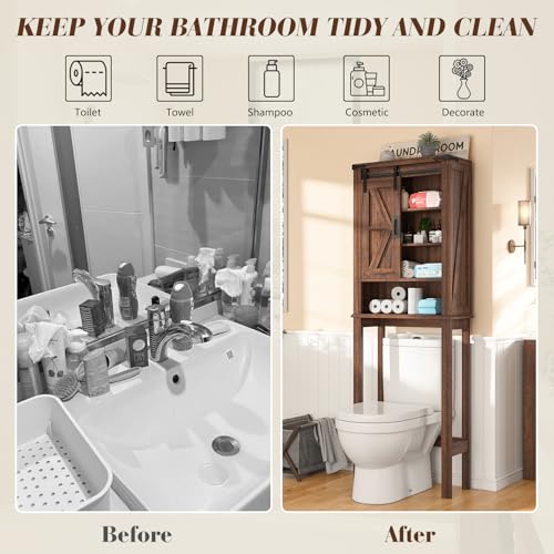 Farmhouse Over The Toilet Storage Cabinet, 68" Tall Bathroom Storage Cabinet with Sliding Barn Door & Adjustable Shelves, Above Toilet Storage for Bathroom, Laundry Room, Rustic Oak & White