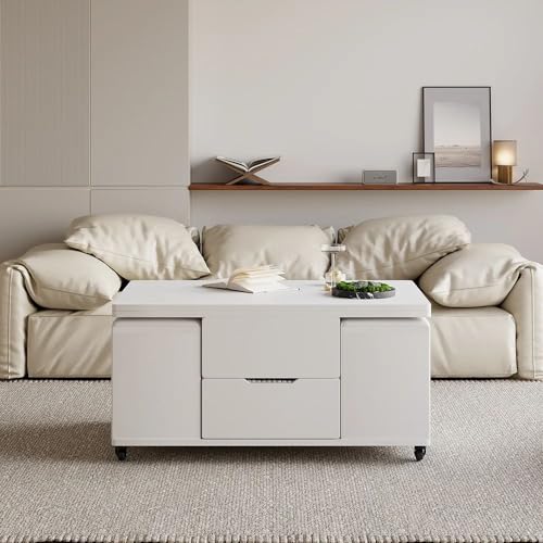 homary White Lift Top Coffee Table with Hidden Storage, 3 in 1 Multi-Function Modern Folding Center Table with 4 Stools and Casters
