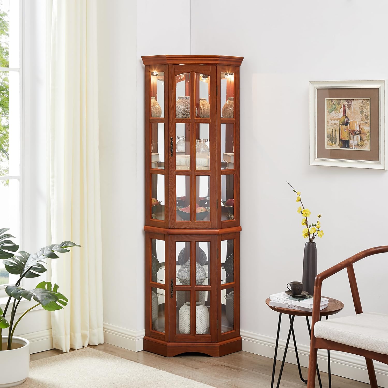 Curio Cabinets With Glass Doors, Corner Curio Cabinet with 5 Shelves and Lighting System, Display Cabinet with Glass Doors for Living Room, Home, Office, Study Room-Oak (light bulb not included)