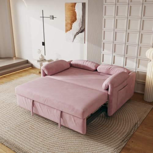 Convertible Pull Out Sofa Couch Bed with Mattress, 54'' Velvet 2-Seater Loveseat Sleeper, Futon Couches Pull Out Bed, Pop Up Daybed Sofa Bed with Storage Pockets for Living Room Small Space (Pink)