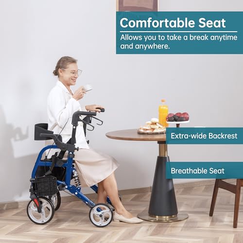 ELENKER 2 in 1 Rollator Walker & Transport Chair for Seniors, Folding Rolling Walker Wheelchair Combo with Wide Seat and Shock Absorber, Red