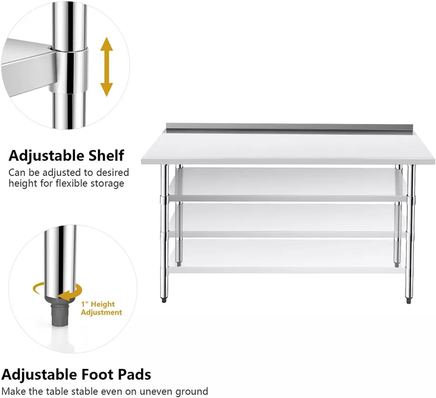 48 x 24 Inch Stainless Steel Table for Prep & Work, NSF Commercial Heavy-Duty Stainless Steel Kitchen Island with Undershelf and Backsplash for Restaurant and Home