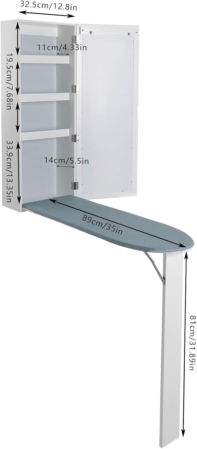 Wall-Mounted Ironing Board Cabinet with Mirror, Built-in Swivel Ironing Board Foldable Ironing Storage Station for Home, Apartment, White