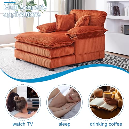 Oversized Chaise Lounge Chair Indoor, 56.3" Corduroy Upholstered Cloud Sofa Couch with Ottoman & 2 Lumbar Pillows, Comfy Single Deep Seat Sofa Armchair for Living Room Bedroom Office (Green)