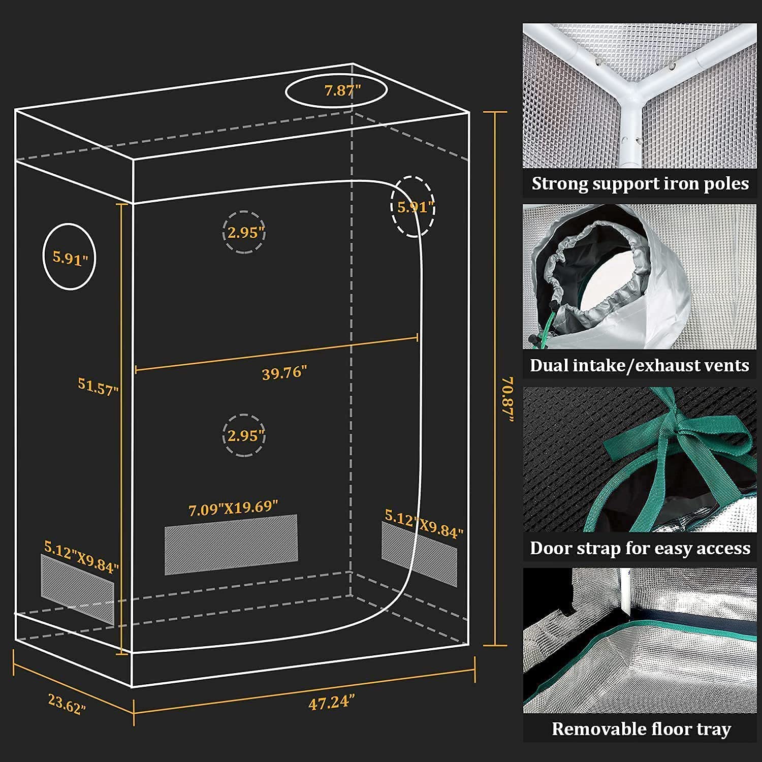 48''x24''x70'' Indoor Grow Tent Plant Growing Room Hut Box Cabinet Hydroponic 100% Reflective Mylar Non Toxic For Indoor Planting Seed Starting Germination Horticulture Greenhouse Garden Mars Hydro