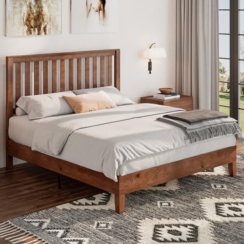 Full Size Solid Wood Bed Frame with Headboard, Platform Bed with Slat Support/No Box Spring Needed/Easy Assembly, Walnut