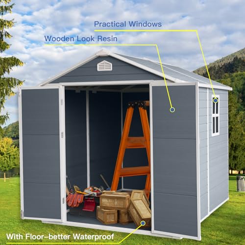 8x6ft Resin Outdoor Storage Shed with Door & Lock Perfect to Store Patio Furniture for Backyard Garden Patio Lawn,Grey