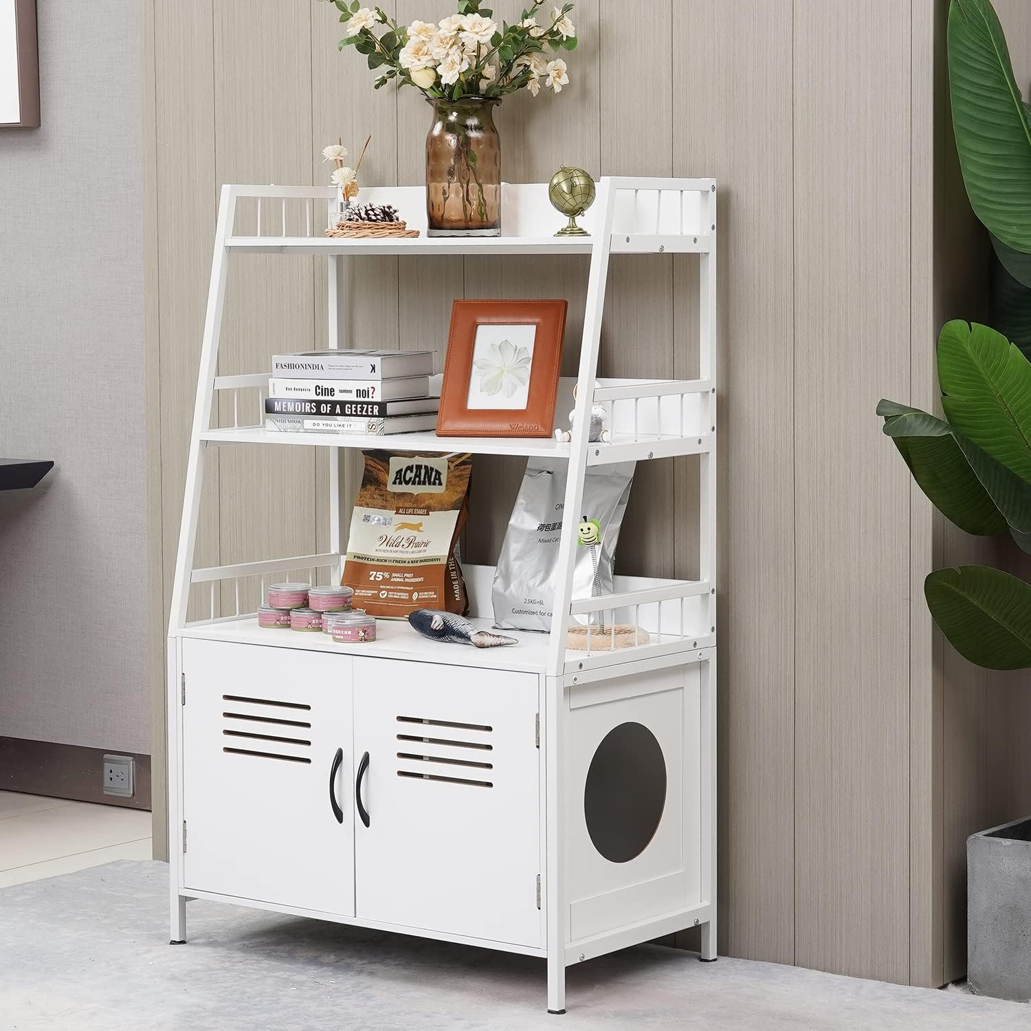 Hidden Cat Litter Box Enclosure Furniture with Shelf Storage and 2 Doors, Wooden Cat Cabinet Sturdy Cat Washroom with Scratch Pad White