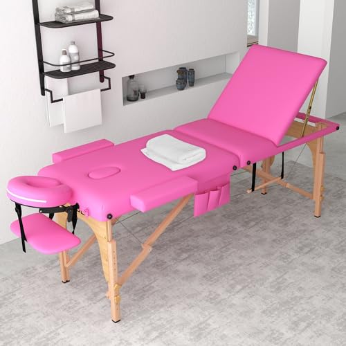 Massage Table, 3 Fold Portable Lash Bed Tatto Bed, Height Adjustable Spa Facial Bed 3 Sections with Face Cradle, Detachable Armrest, Black Frame & Accessories Carrying Bag, Black