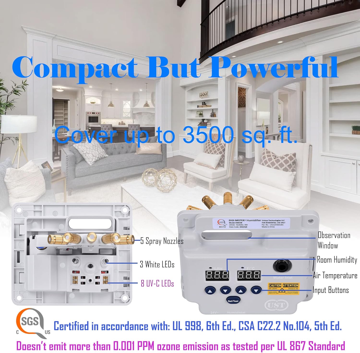 Evaporative Duct Mount Whole House Furnace Humidifier with 8 UV-C LEDs, Atomizing Cool Mist Variable Capacities for Homes and Offices from 1000 to 3500 sq. ft.