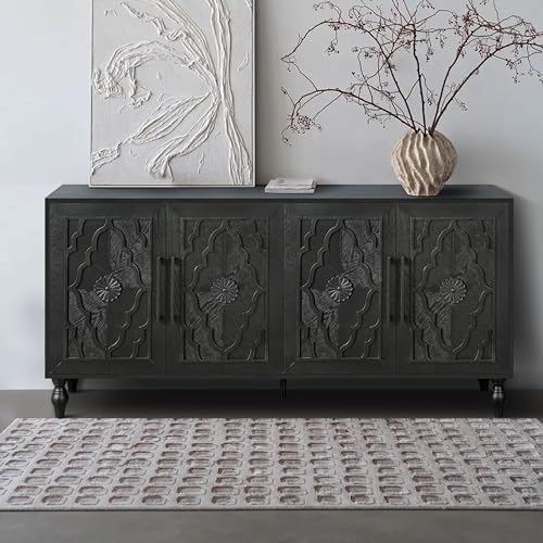 LUMISOL Sideboard Buffet Cabinet, Wooden Storage Cabinet with 4 Carved Flower Doors and Metal Handles, Retry Style Kitchen Sideboard, TV Stand Table for Living Room, Dining Room, Entryway, Natural