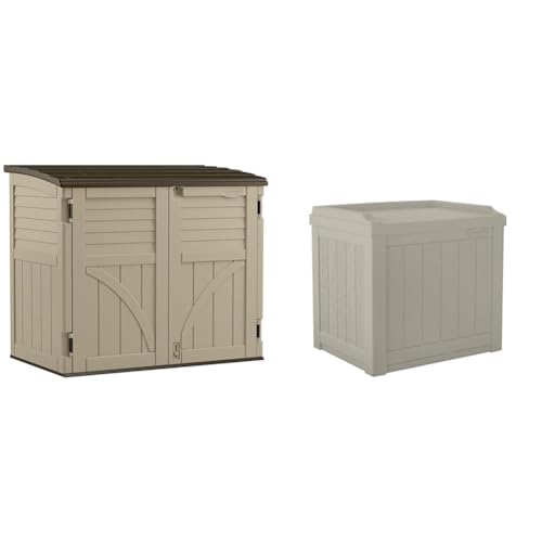 Suncast Horizontal Shed, Compact Outdoor Storage System, 34 Cu. Ft. Capacity, Sand & Slate - Lockable Multi-Wall Resin Organizer for Garbage Cans, Garden Tools, Bins, Bikes and Yard Equipment