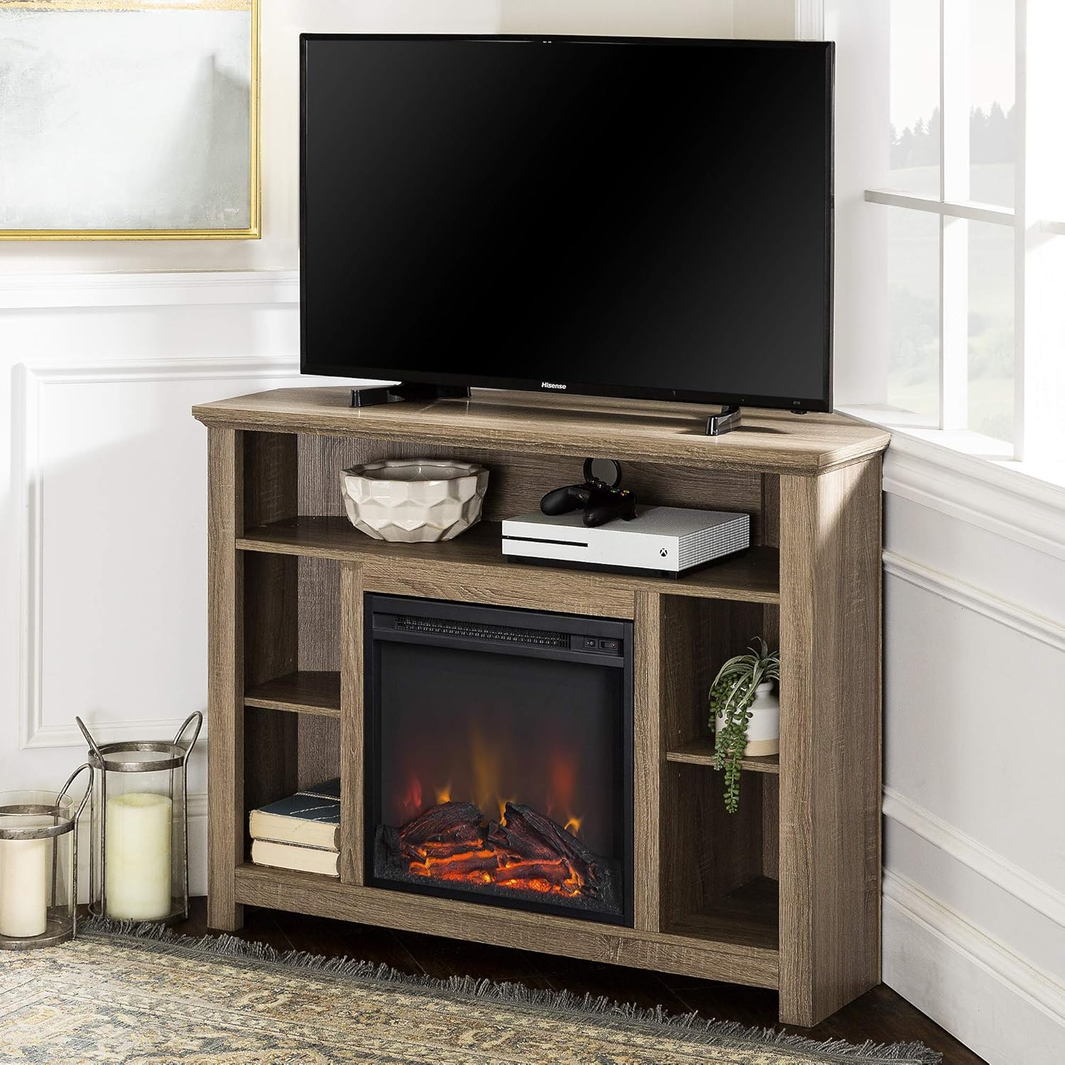 Walker Edison Alcott Classic Glass Door Fireplace Corner TV Stand for TVs up to 55 Inches, 48 Inch, Espresso
