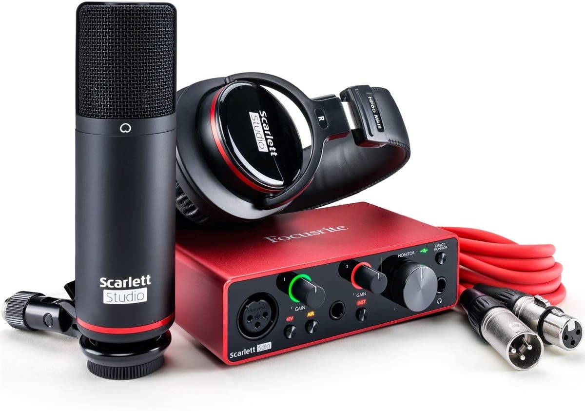 Focusrite Scarlett Solo Studio 3rd Gen USB Audio Interface Bundle with Boom Stand, XLR Cable and Pop Filter (4 Items)