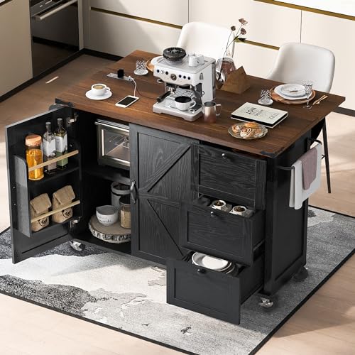 54.5" Farmhouse Mobile Kitchen Island with Power Outlet, Drop Leaf, Spice Rack and Drawer - Rolling Kitchen Cart with Ample Storage, Rustic Storage Islands for Home and Dining Room