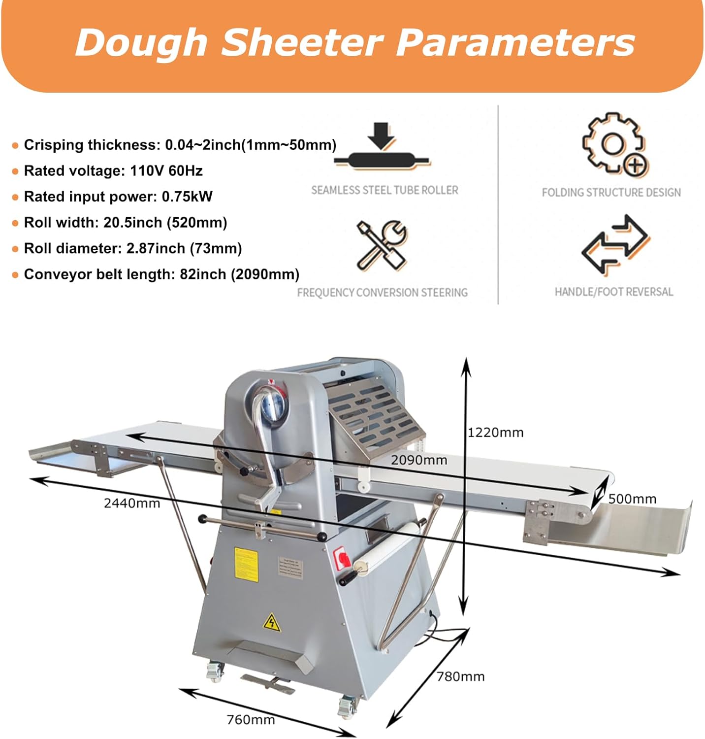 HayWHNKN Dough Sheeter 20'' Reversible Dough Roller Machine Croissant Pastry Danish Pastry Bakery Roller Puff Pastry Pizza Foldable Dough Rolling Machine with Foot Switch 110V