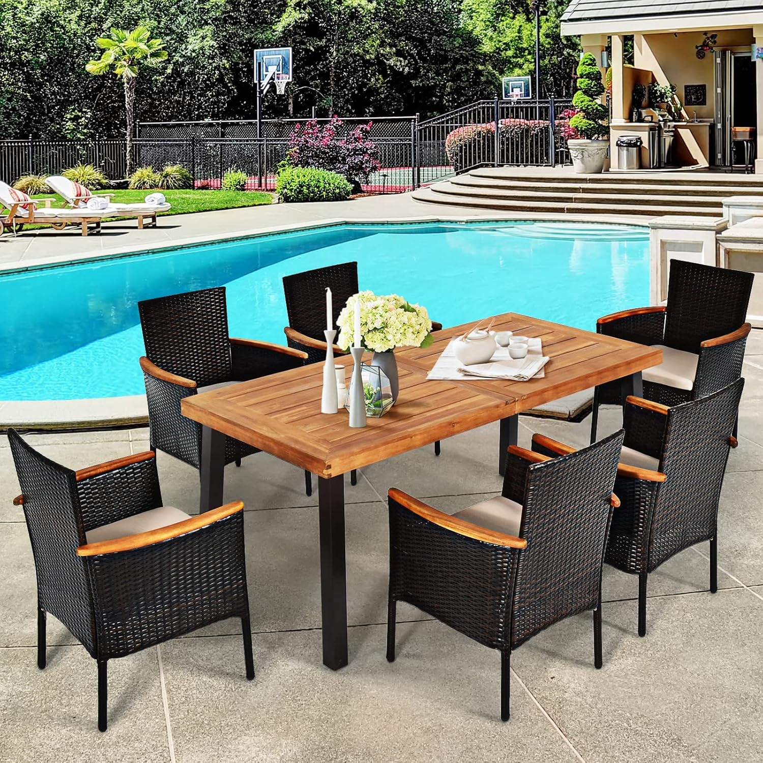 Tangkula 7 Pieces Patio Dining Set, Patiojoy Outdoor Conversation Set w/Acacia Wood Top Table & 6 Stackable Rattan Chairs, Wicker Dining Furniture w/Umbrella Hole, Steel Frame, Sponge Seat Cushions