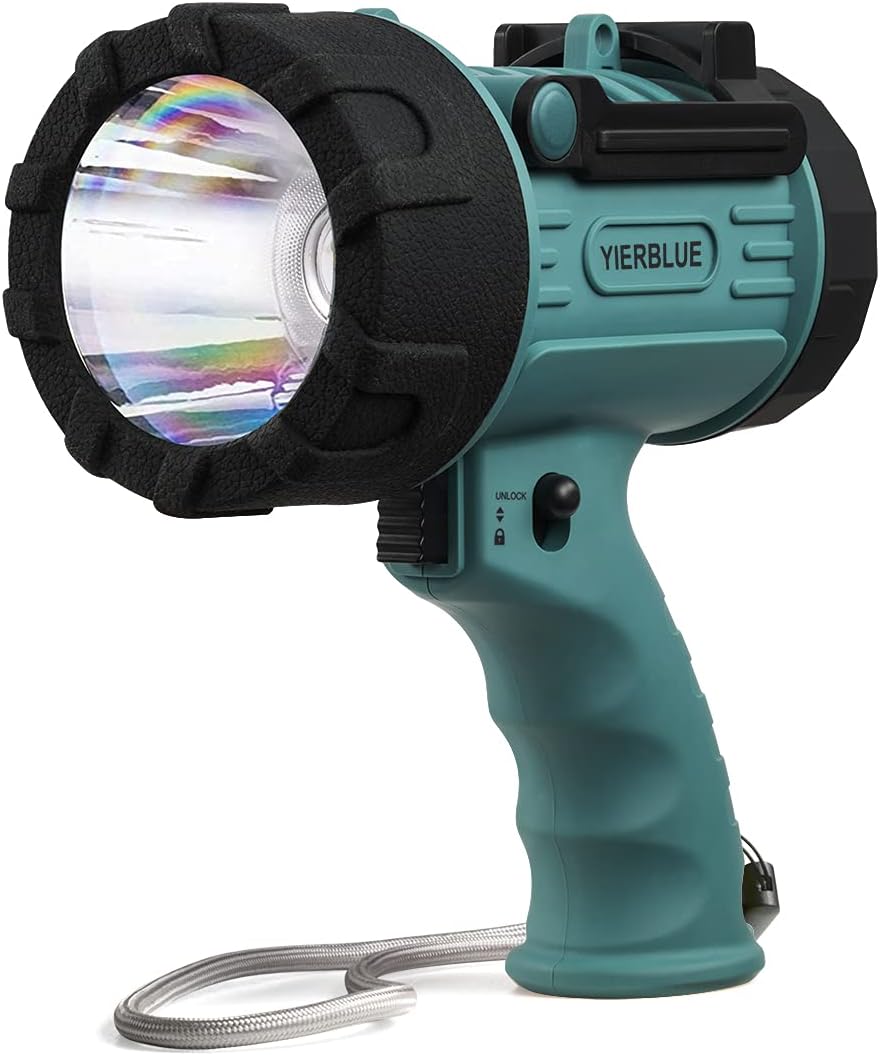 YIERBLUE Rechargeable spotlight, Super Bright 10000 Lumen LED Handheld spotlight 10000mAh Long Lasting Large Flashlight Searchlight and Flood Camping Flashlight with Foldable Tripod(Silver) Pack of 2