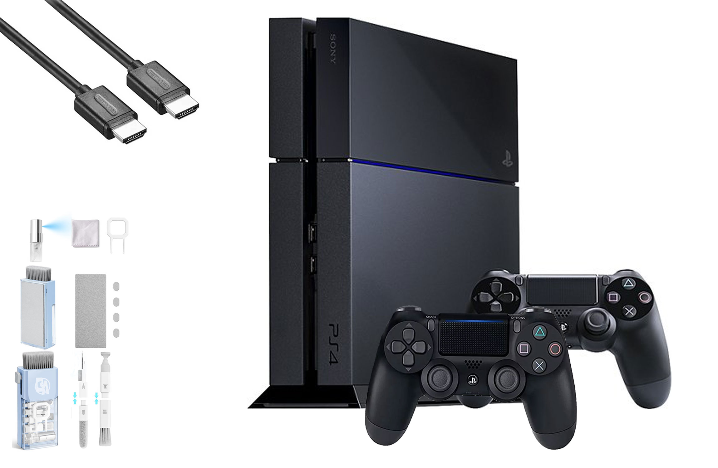 Sony PlayStation 4 500GB Gaming Console Black HDMI Cable 2 Controller with BOLT AXTION Cleaning Kit Bundle Like New