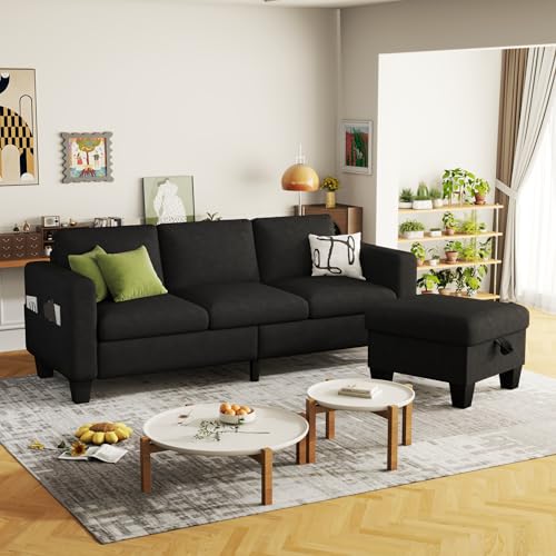Convertible Sectional Sofa Couch Beige 3Seat L-Shaped Sectional Sofa Couch with Storage Ottoman and Pockets,Modern Linen Fabric Upholstered Sofa Furniture Set for Living Room Small Space Bedroom