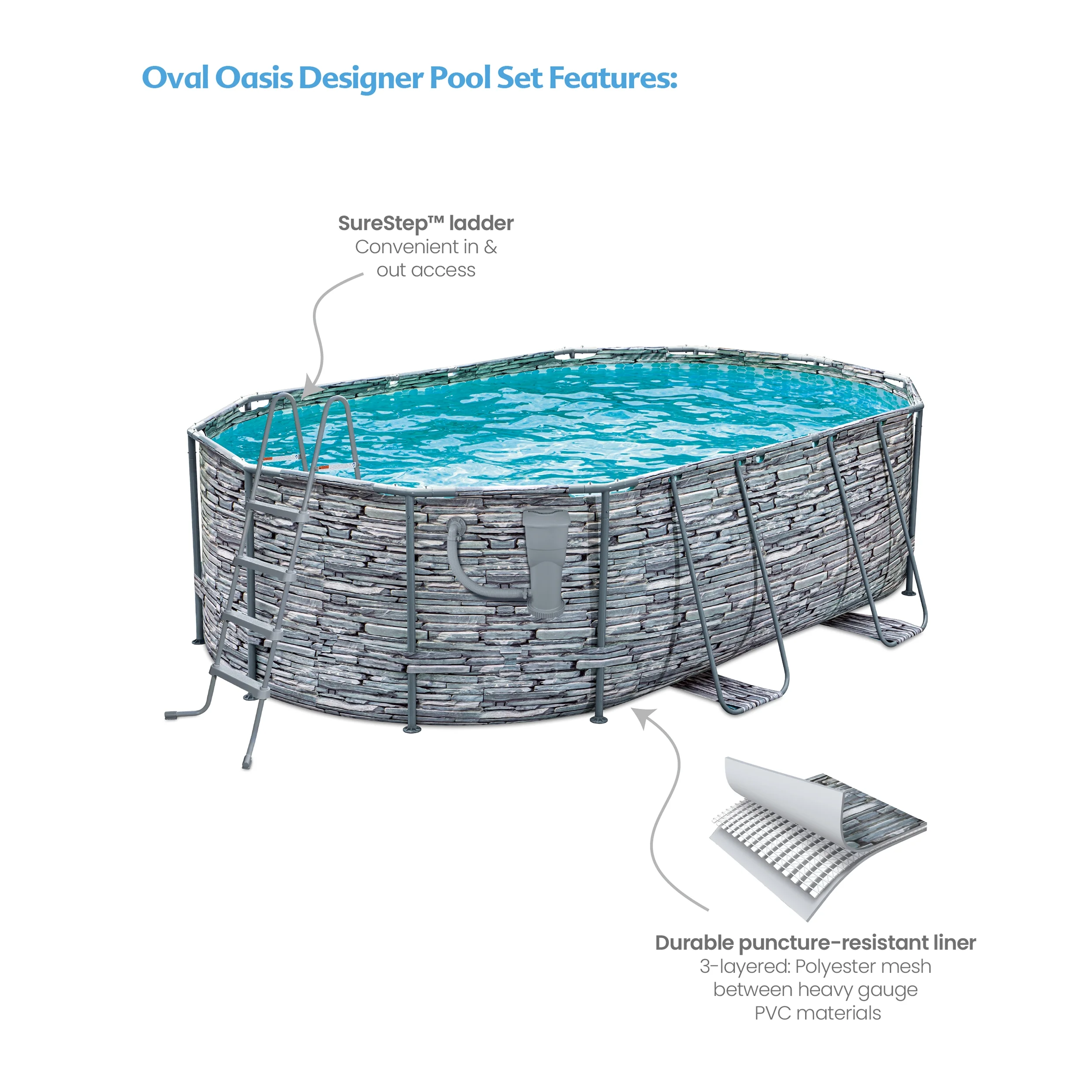 Funsicle 16 ft Oval Oasis Designer Pool, Above Ground Frame Swimming Pool, Stone Print, Age 6 & up