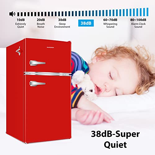 BANGSON Mini Fridge with Freezer, 3.2 Cu.Ft Small Refrigerator, 5 Settings Temperature Adjustable, Low Noise Refrigerator, 2 Door Mini Fridge for Apartment, Home, Office and Dorm, Silver