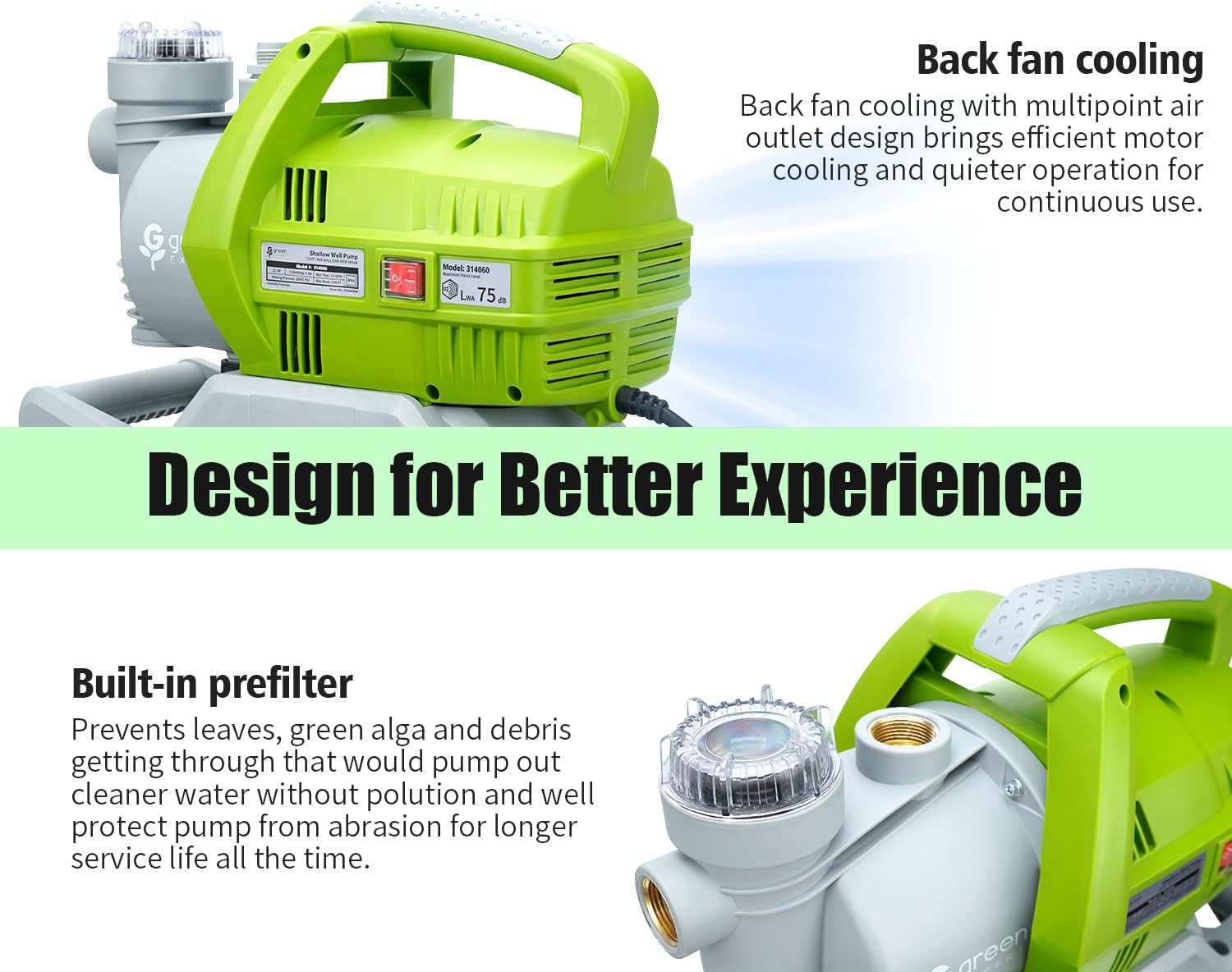 Green Expert 1/2HP Shallow Well Pump Max Head 125FT Unique Filter Design Water Storage Tank Pre-Set 20/45psi Pressure Switch Automatic Booster System for Household Pressurization Garden Irrigation
