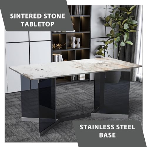 LeisureMod Modern Rectangular Table with Glass/Sintered Stone Top and Stainless Steel Base, 4 to 8 People for Dining Room and Kitchen Oryn Series, 71 Inch, Medium Grey