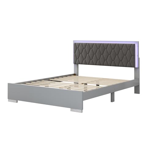 4-Piece Bedroom Furniture Set, Queen Wood Upholstered Bed with LED Lights, 2 Mirrored Nightstands, 6-Drawer Dresser with Metal Handles and Legs (Grey)