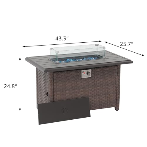SUNSITT Outdoor Fire Pit Table 43 Inch Wicker Propane Fire Pit with Aluminum Tabletop 50,000 BTU Gas Firepit with Fire Glass, Lid, Cover, Taupe Rattan