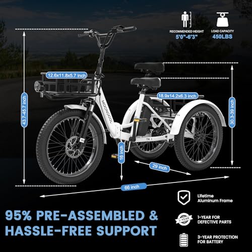 MOONCOOL Electric Tricycle for Adults, 500W/750W 48V 20" Folding Electric Trike Peak Power 1100W, 3 Wheels Electric Bicycle, Aluminum Frame Electric Tricycle with Large Basket and Removable Battery