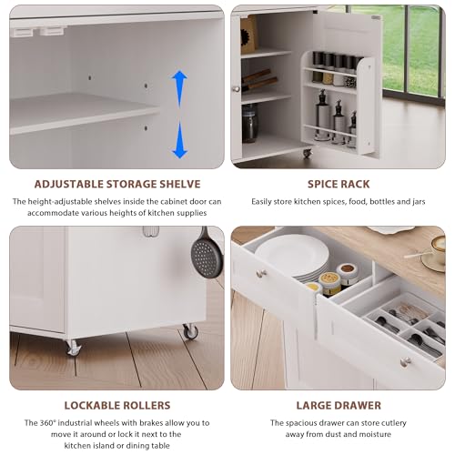 Kitchen Island on Wheels with Storage and Power Outlet, Kitchen Island with Trash Can Storage Cabinet and Drop Leaf, with Spice Rack & Towel Rack, Rolling Island Cart for Kitchens (Black)