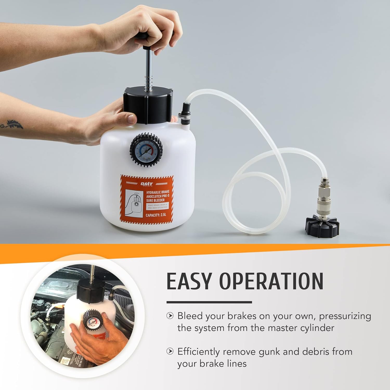 Orion Motor Tech Brake Pressure Bleeder, European Brake Bleeder with Hand Pump, 2.5L Pressure Brake Bleeder with Hose and European Adapter, Manual Brake Fluid Pressure Bleeder Pack of 2