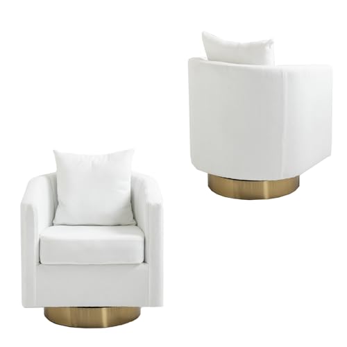 Barrel Accent Chairs Set of 2, Modern 360 Degree Swivel Armchair with Waist Pillow for Living Room, Comfy Upholstered Teddy Fabric Club Chair for Bedroom, White