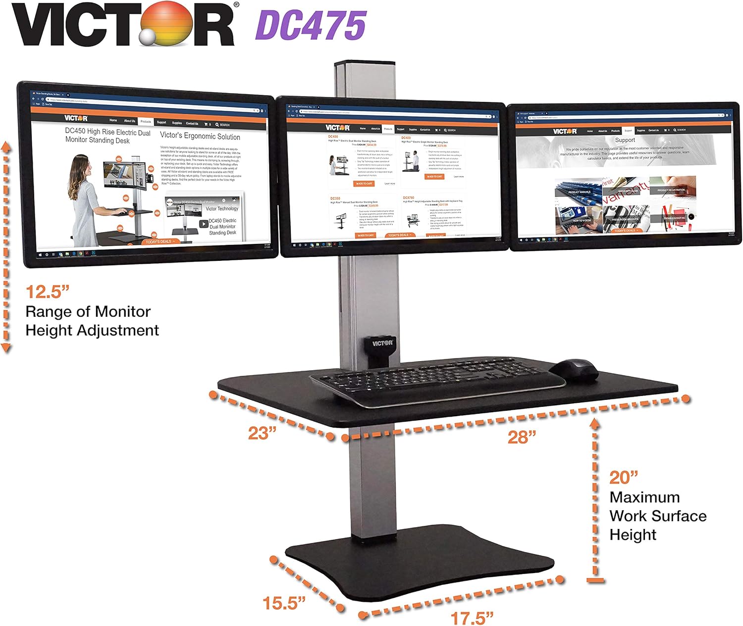 Victor DC475 High Rise Electric Triple Monitor Standing Desk Converter | Three Large Monitor Sit-Stand Desk | 28” Wide Work Surface | Compatible with Any Standard Desk | Adjustable Monitor Holder