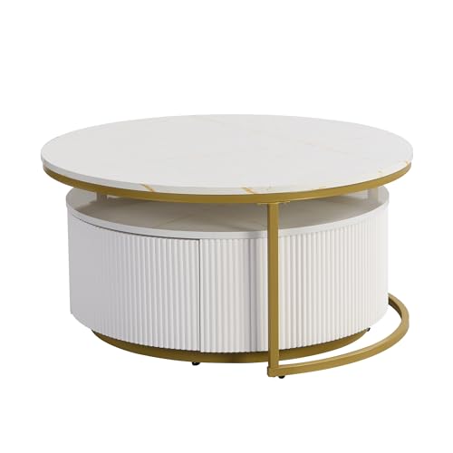 Round Nesting Coffee Table Set of 2 with Drawers, Stacking Sofa Side Furniture w/White Glossy Marble Veneer Top, Gold Frame, Fluted Design, for Living Room