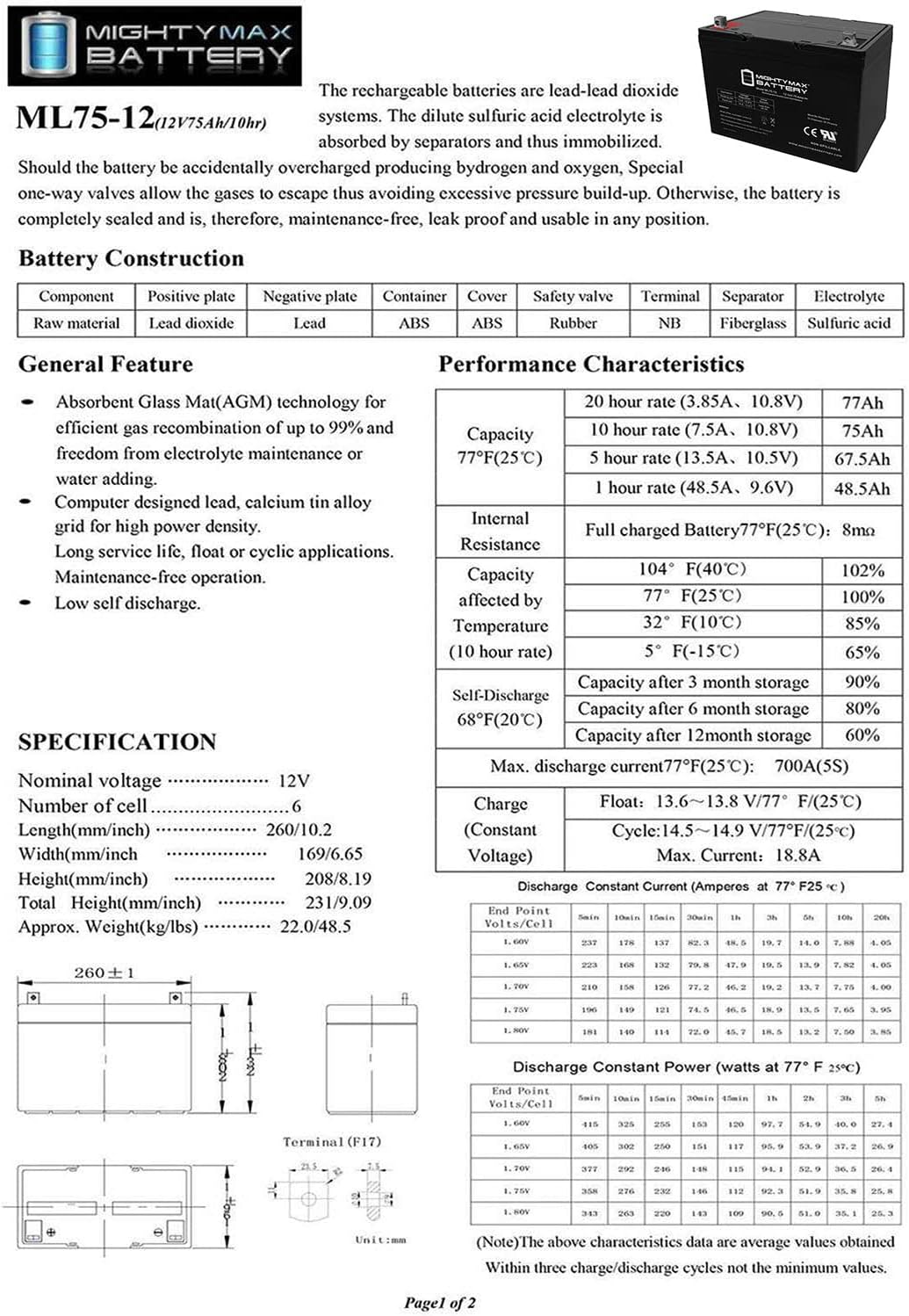 12V 75Ah Battery Replaces Pride Quantum 1470 Patriot Wheelchair