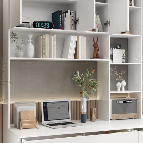 Homsee Modern 2-in-1 Computer Desk for 2 Person with Tall Bookshelf, 94.5" L Office Desk Writing Study Table with 6 Drawers, 15 Shelves & 6 Doors for Home Office, White
