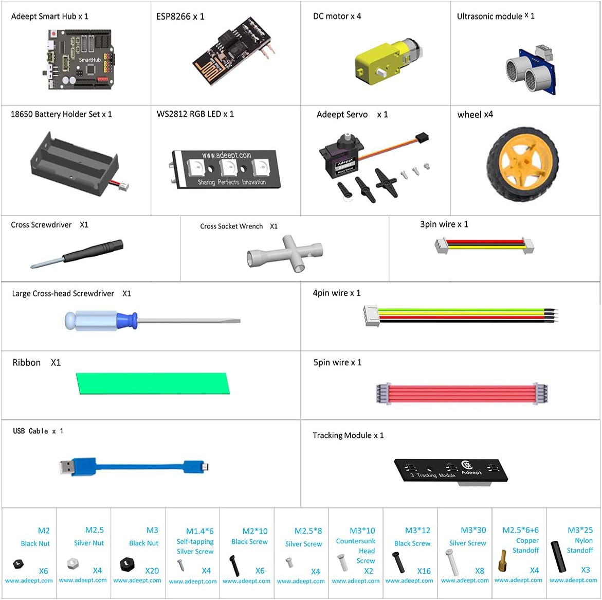 Adeept AWR-A 4WD Smart WiFi Robot Car Kit Compatible with Arduino UNO R3, Line Tracking, Ultrasonic Sensor, ESP8266 WiFi, Processing, DIY Robot Kit with Mobile APP and PDF Manual